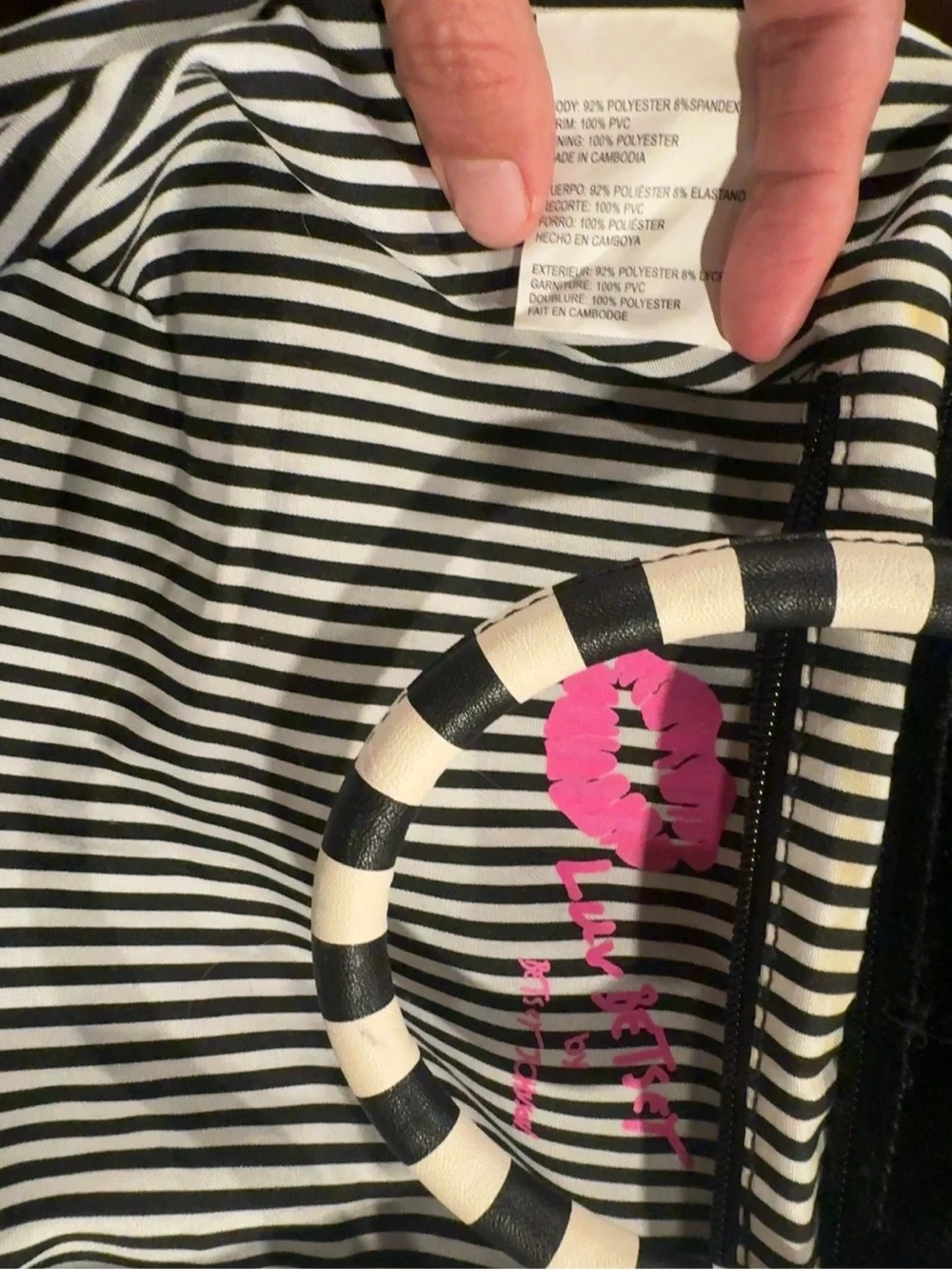 Luv Betsey Johnson Black Velvet Tote with Striped Handles and Hot Pink Pom Charm